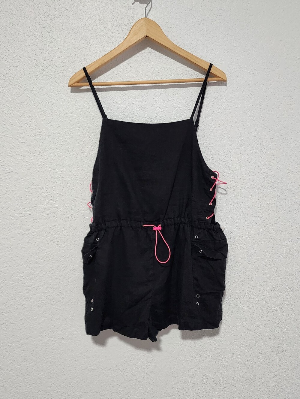Millau Black Linen Romper Sleeveless Pink Drawstring Lined Medium Festival Wear